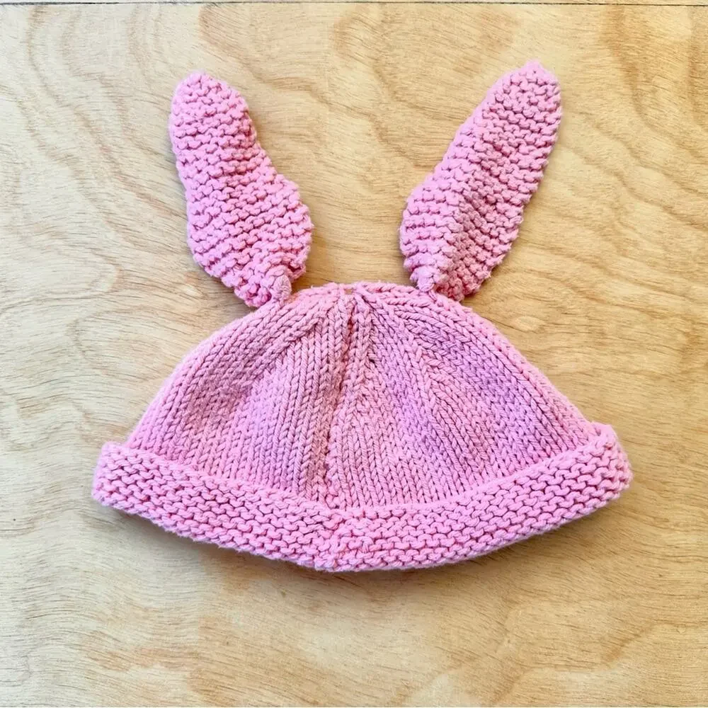 Handmade Pink Bunny Ear Baby Knit Hat | Easter Photo Prop